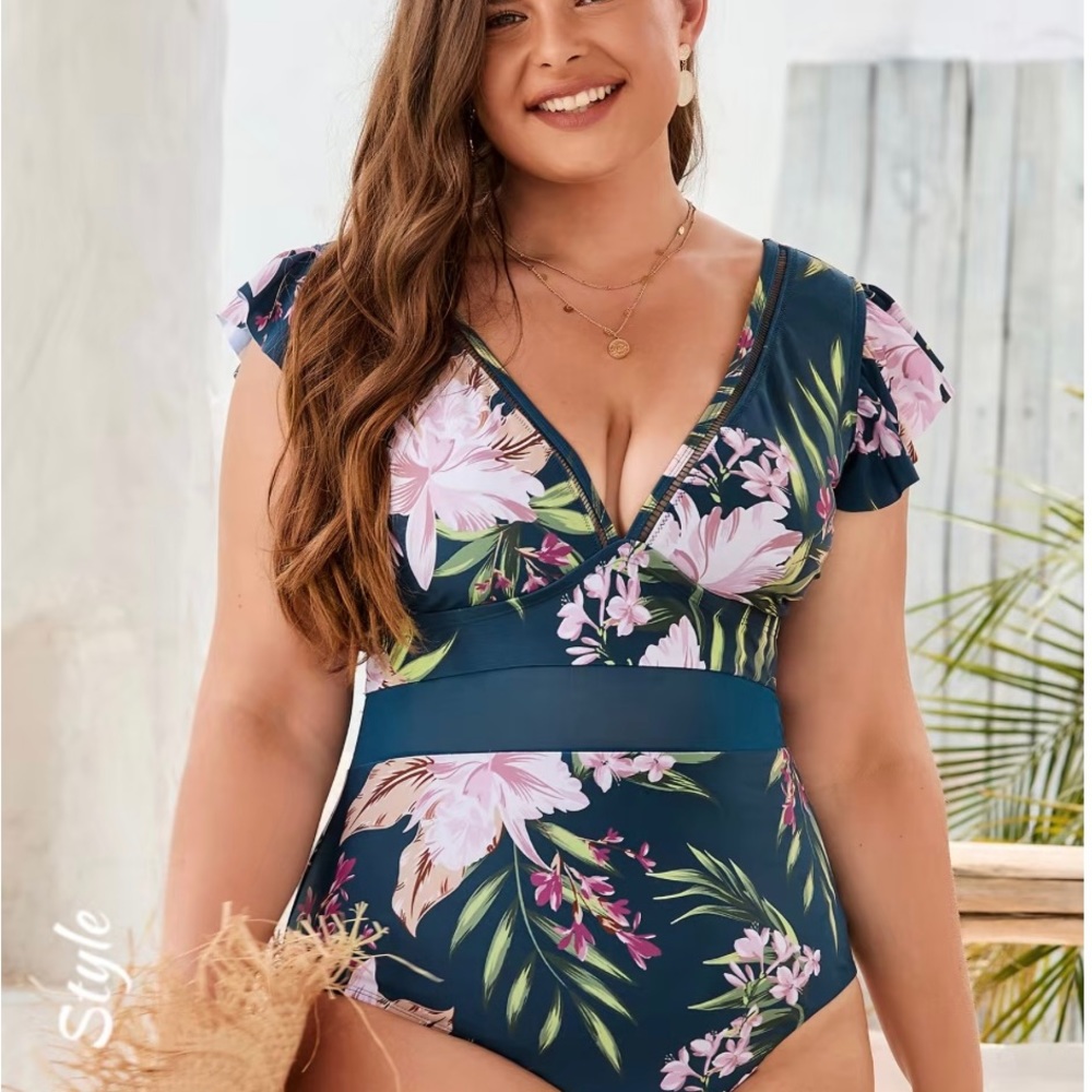 NWT Cupshe Teal floral flutter sleeve one piece, 8-10